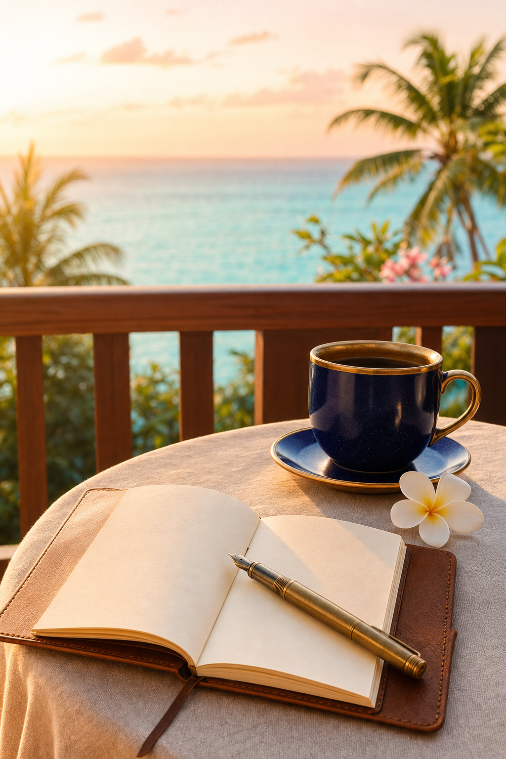 A still dawn balcony with a leather notebook, brass pen, and coffee overlooking the ocean.