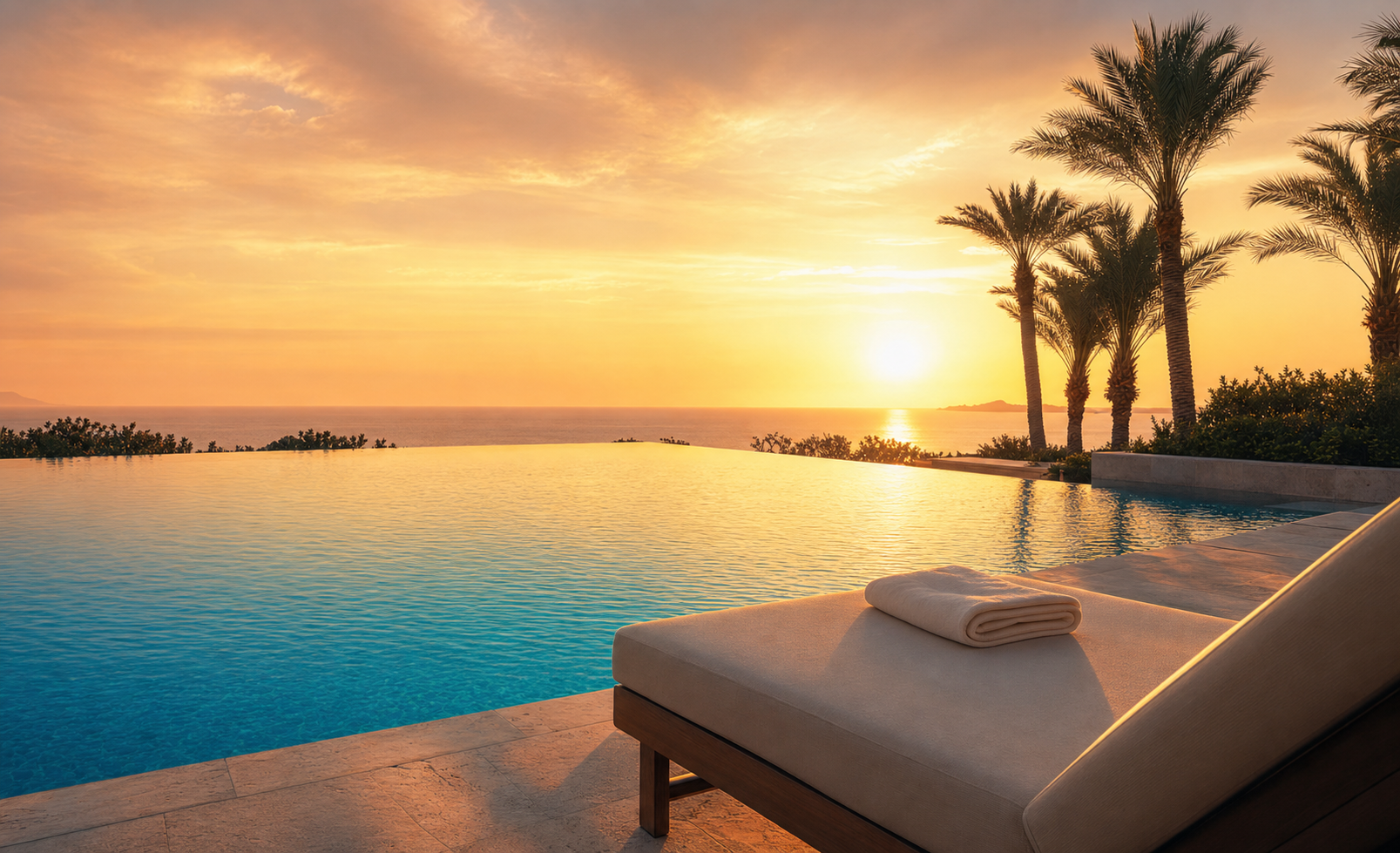 Golden-hour beachfront infinity pool with cream linen lounger and palms framing turquoise ocean.